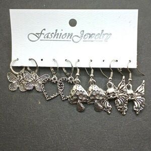 Silver butterfly heart mushroom skull earring bundle